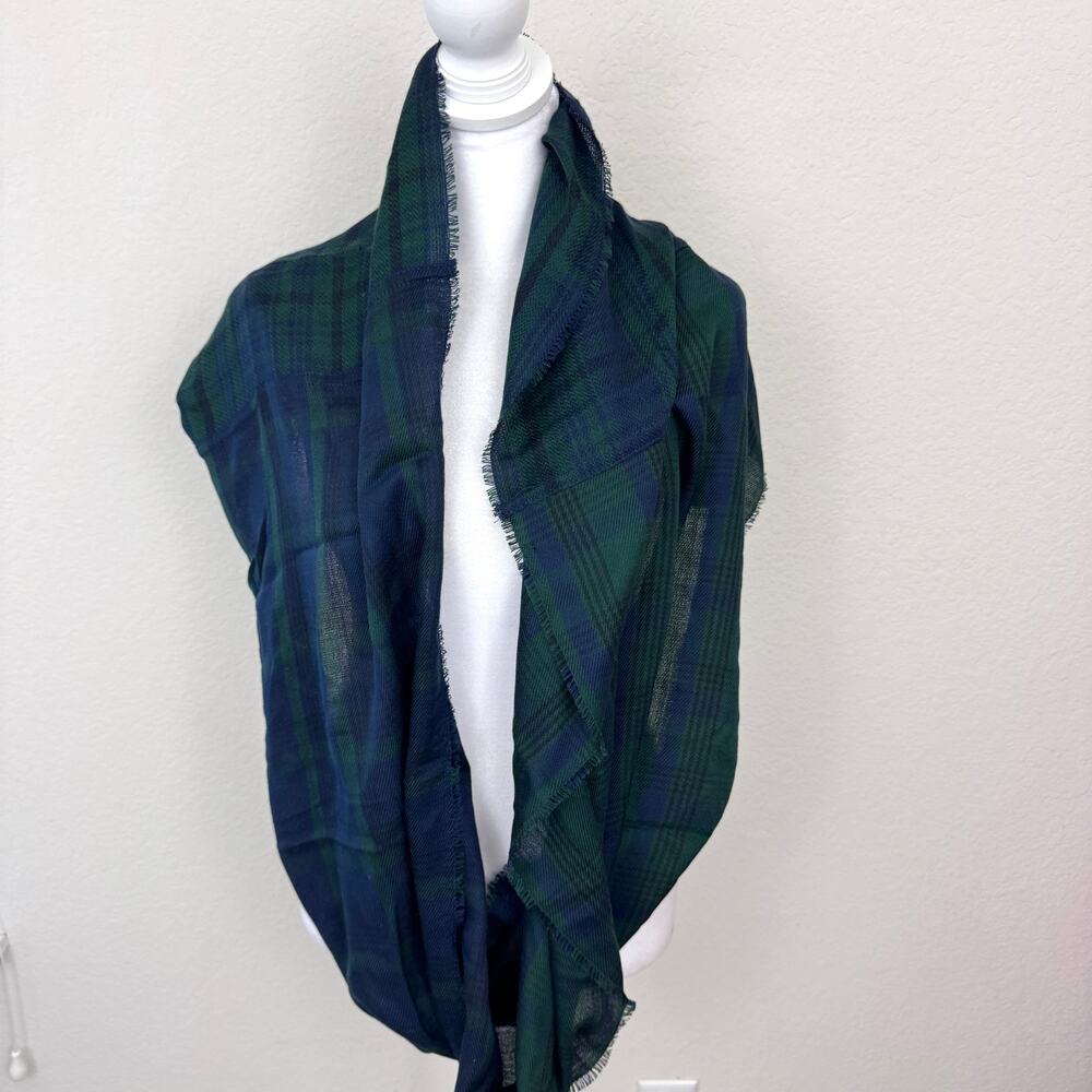 J. Jill Women Tartan Plaid Infinity Scarf One Size Lightweight Fringe Green Blue